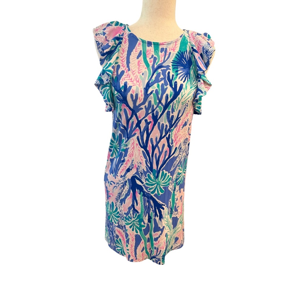 Lilly Pulitzer XXS Coral Reef Ruffle Sleeve Knit Shift Dress Blue Pink Green